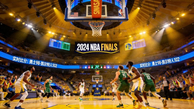 NBA总决赛比赛现场全景图，球员在灯光下进行高强度攻防对抗并显示实时比分氛围