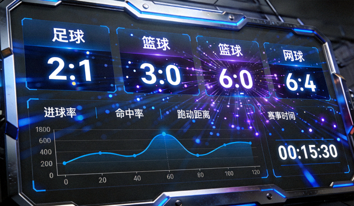现代科技风体育数据中心大屏展示图，包含多项目比分面板与动态图表用于赛事监控
