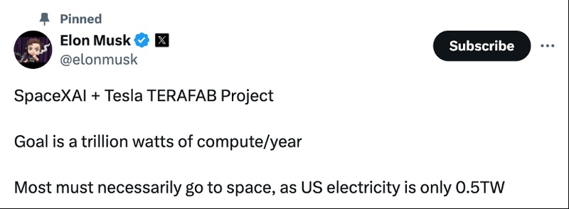  马斯克启动Terafab超级芯片计划；年算力目标惊人；太空AI基础设施成重点。 IT技术